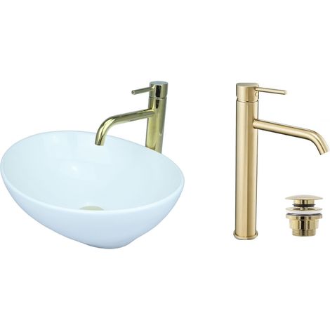 GTM Design Aufsatzwaschbecken 41 cm Glanz Set mit Waschtischbatterie und Stopfen - Aufsatzwaschbecken Oval für Badezimmer - Modernes Waschbecken ohne Hahnloch - Waschbecken mit Armature (1/5)