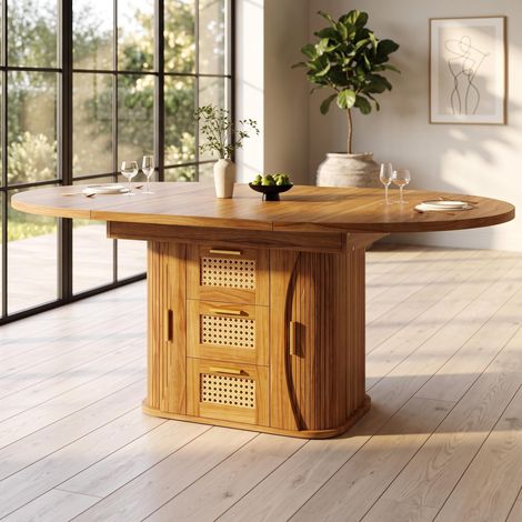 FurnitureR Dark Wood Square Dining Table 118 to 158cm Rattan Drawers (1/5)