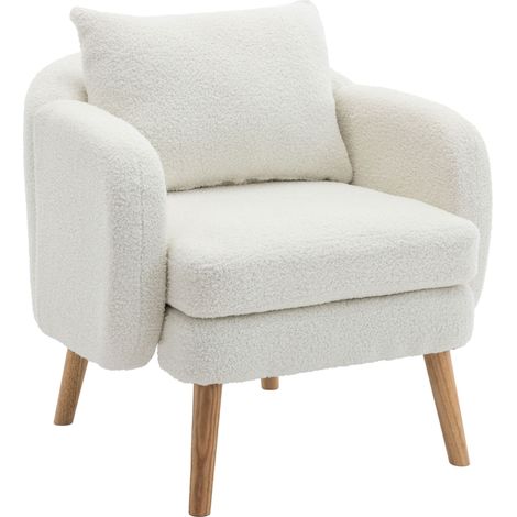 Fauteuil teddy en velours avec coussin, assise épaisse 14 cm, structure en bois, pieds protégés, format compact pour salon ou chambre, blanc - CHICFURN (1/5)