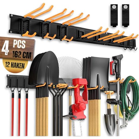 Support Mural Lourd 162.4cm (64 Pouces) – 4 Rails de 40.6cm + 12 Crochets, Charge Max 200kg (441 lbs), Amovible, Antirouille, Organisateur pour Garage, Atelier, Jardin (1/5)