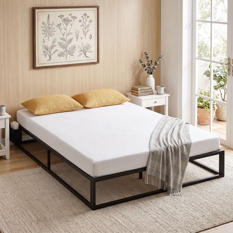 Cadre de Lit 140x190 cm Sommier, Lit Double Pochette Rangement, Support à Lattes Bois, Noir (1/5)