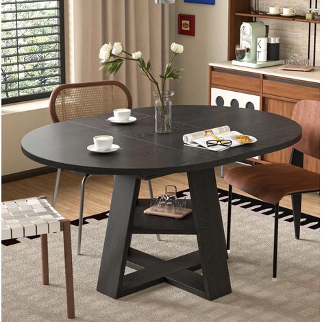 Table à manger extensible ronde 110-150x110 cm pour 4 à 6 personnes avec rangement MDF noir (1/5)
