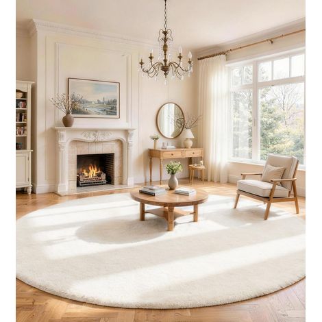 Tapis Salon Rond 120 cm Crème Lavable Moderne à Poils Courts (1/5)
