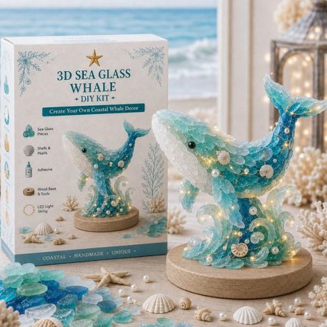 Handgefertigter, dreidimensionaler, beleuchteter Weihnachtsbaum aus Meeresglas, Kunstset, Wal