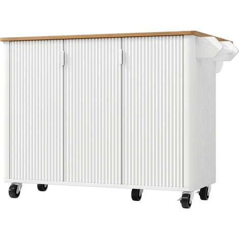 ELVMI Carrello da Cucina con 3 Ante, Ripiani Regolabili, Piano Pieghevole e Ruote, in MDF, 130 x 45(75) x 92 cm, Bianco (1/4)