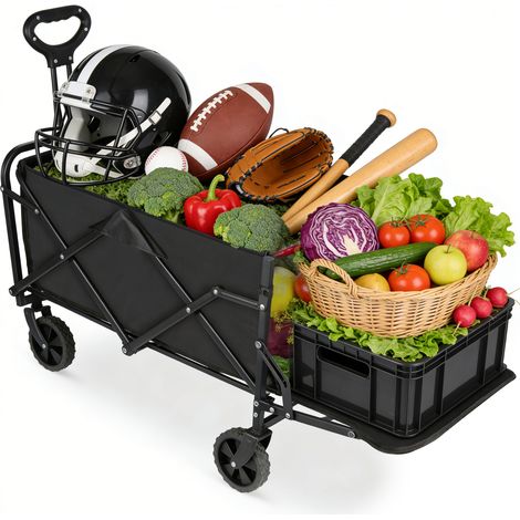 Chariot pliable de camping 150L – Wagon multifonction avec roues pivotantes 360° en PVC, structure en acier et tissu Oxford 600D, poches latérales, léger et résistant jusqu’à 75 kg