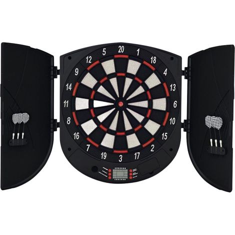 Cible de fléchettes électronique avec annonces vocales (voix anglaises), écrans LED, 6 fléchettes, 26 jeux, 185 variantes, lanceur de fléchettes avec porte, jeu de fléchettes pour jusqu'à 8 joueurs