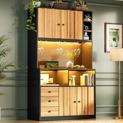 Armario de cocina alto 100 x 40 x 180 cm con LED, enchufe, botellero y vitrina HAVRYA (1/5)