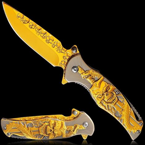 Klappmesser mit 3D Drachenprägung, Titanbeschichtung, goldfarben