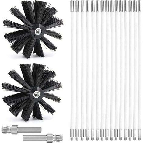 Kit spazzacamino con 15 aste flessibili da 410 mm – Spazzola per la pulizia del camino Ø150 mm – Adattatori esagonali inclusi – Per tubi stretti