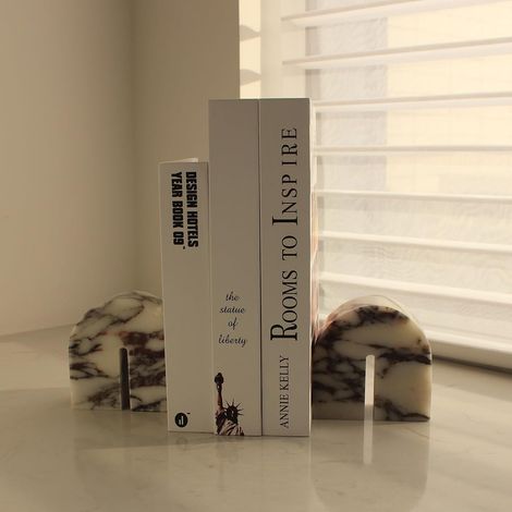 Lot de 2 serre-livres en marbre naturel pour étagères, serre-livres décoratifs pour livres lourds, serre-livres de bureau, bibliothèque, décoration pour CD/jeux vidéo (alto calacatta) (1/5)