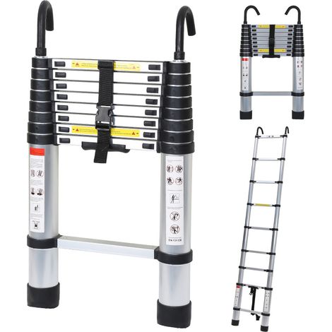 Teleskopleiter Ausziehleiter Klappleiter Stabil Aluminium Stehleiter bis 150kg 2,6m Silber mit haken (1/5)