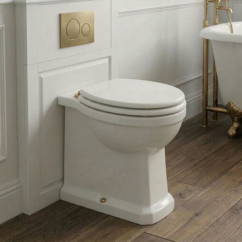 Signature Aphrodite Comfort Height Back to Wall Toilet with Brushed Brass Fittings (inc White Wood Effect Seat) (1/4)