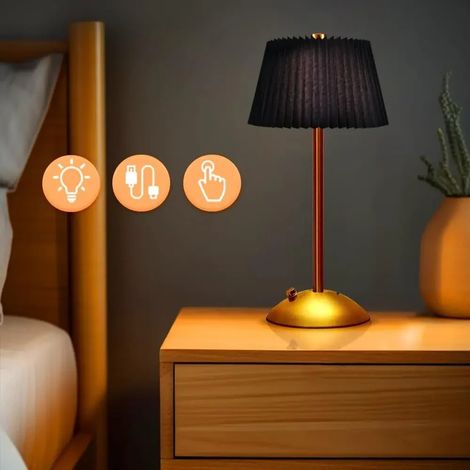 Lampe de bureau LED rechargeable portable (noire) à commande tactile, abat-jour en tissu, éclairage d'ambiance pour le salon