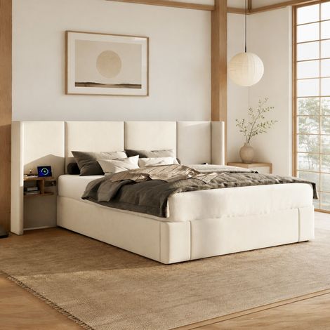 DESMIU Lit coffre 160 × 200 cm 2 places avec 2 tables de chevet, USB-A et USB-C, sans matelas, velours beige (1/5)