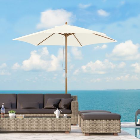 Ombrellone parasole in legno Ø250x230cm per uso esterno con 6 stecche e sistema di carrucole, bianco