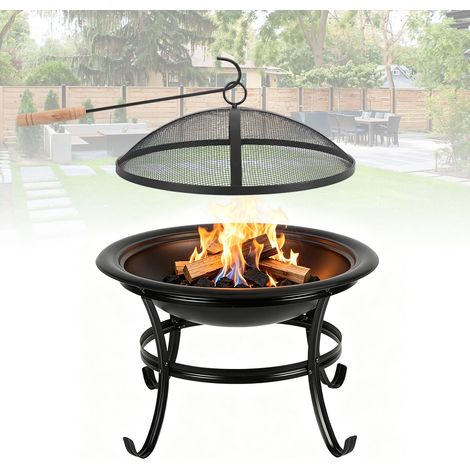 Wolketon Feuerschale Ø 55 cm mit Funkenschutz, Grillrost und Schürhaken, Outdoor Feuerstelle aus Eisen für Garten und Terrasse, Schwarz (1/5)