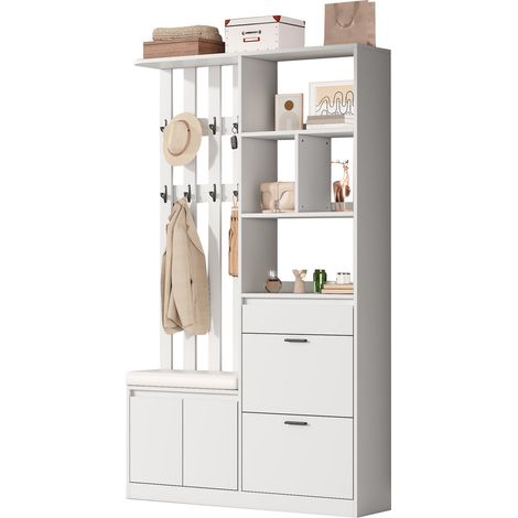 CHICFURN Vestiaire d'entrée avec banc rembourré blanc 120x30x200 cm, meuble d'entrée avec rangement chaussures, 10 crochets, 1 tiroir et 2 portes en MDF (1/5)