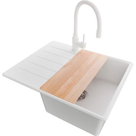 PRIMAGRAN Evier Cuisine en Granit 62x50cm, Lavabo 1 bac + Robinet 38x14cm + Kit de Vidage + Accessoire, Évier à Encastrer au meuble 45cm - Copenhague, Blanc (1/5)