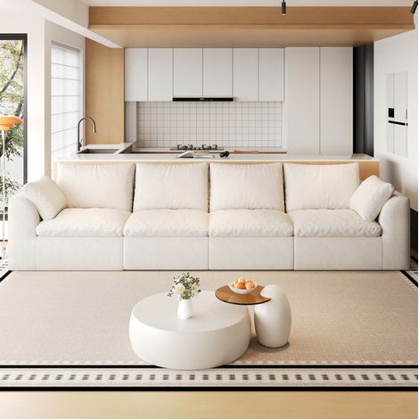 4-Sitzer-Sofa 310x90x83 cm aus beigem weißem Leinenstoff mit weicher Polsterung – MEUBLIV (1/5)