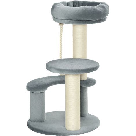 PawHut Katzenbaum mit 2 Kratzstämmen, Natur-Sisal, 3 Plattformen, Kletterseil, Maße: Ø 40 x 65 cm (H), hochdichter Plüsch (500 g/m²), Grau (1/5)
