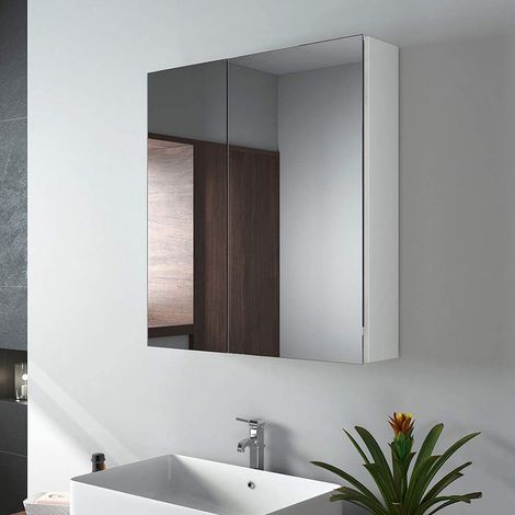 EMKE Bathroom Mirror Cabinet Double Door - Wall Mounted Bathroom Cabinet Storage Cupboard with Adjustable Shelf, White 60L x 65H cm (1/5)