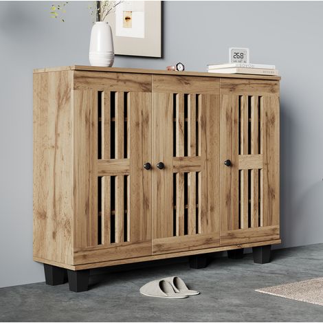 REDOM - Buffet 120x32x92 cm, 3 portes ajourées, 8 compartiments de rangement, panneaux de particules, bois naturel (1/5)