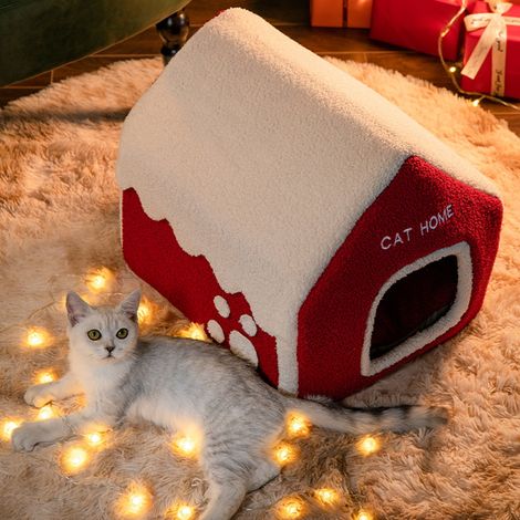 Maison Pour Animaux - Cabane En Forme De Maison De Neige Pour Chien Et Chat - Intérieur Chaud Et Douillet - 39x32x34cm - Rouge (1/5)
