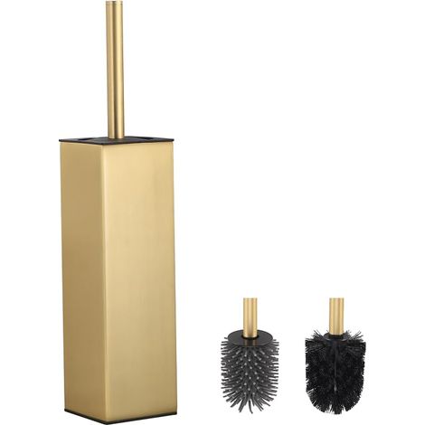 Brosse WC et Support - en Silicone - 2 têtes de Brosse - Carré en Aluminium - pour Le Nettoyage de la Salle de Bain - Doré (1/5)
