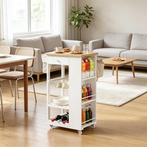 Carro de cocina 56,5x37x87 cm de MDF y bambú blanco con almacenaje FloraGrace (1/5)