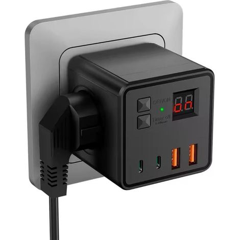 ORION91® - Alargador de enchufe 7 en 1 con protección contra sobretensiones, 3 tomas, 2 USB, 2 tipo C, temporizador, negro y blanco, electricidad, oficina - spaziOrion91
