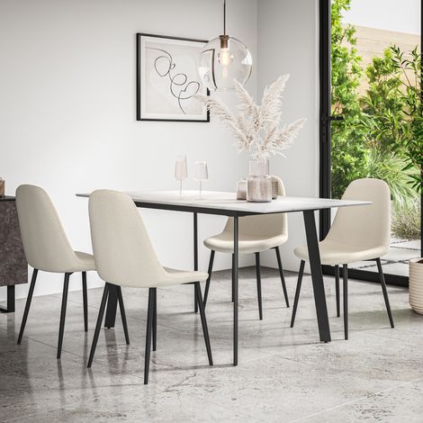 Haydon Extending Dining Table + Chairs- White Marble Effect Table Top w Black Legs + Maya Boucle Dining Chair Set Of 6 (Ivory White) (1/5)