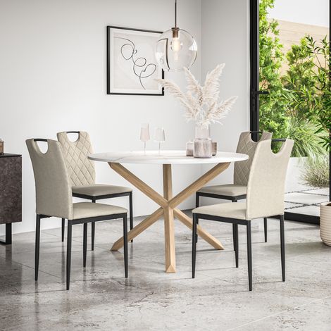 Malvern Round Dining Table And Chairs -  Marble Table Top w Solid Oak Legs + Monza Fabric Dining Chair Set Of 4 (Beige) (1/5)