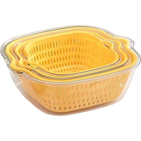 Cesta para verduras y escurridor, de plástico, fácil de limpiar, juego de tres piezas de color amarillo (tamaños grande, mediano y pequeño). (1/5)