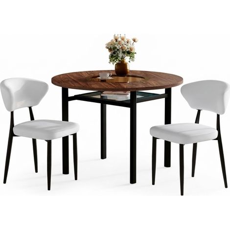 ELVMI Set Tavolo e Sedie con 1 Tavolo Rotondo e 2 Sedie, MDF, Vetro, Metallo e PU, Marrone e Bianco (1/5)