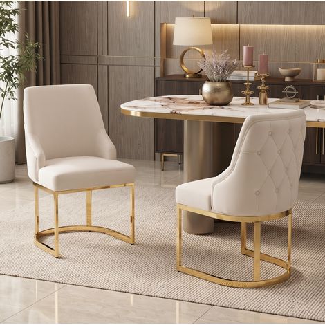 Juego de 2 sillas de comedor de terciopelo beige y dorado con respaldo capitoné en rombos y patas de metal (1/5)