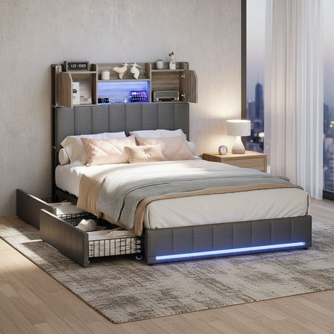 VASIEN –Lit simple 90x200, Lit Adulte Capitonné avec 2 Tiroirs – Tête de Lit LED ,Chargement USB et Rangement, Sommier à Lattes,Lit 90x200 cm,1 places,Adapté aux adolescents, enfants – Tissu Lin,Gris (1/5)
