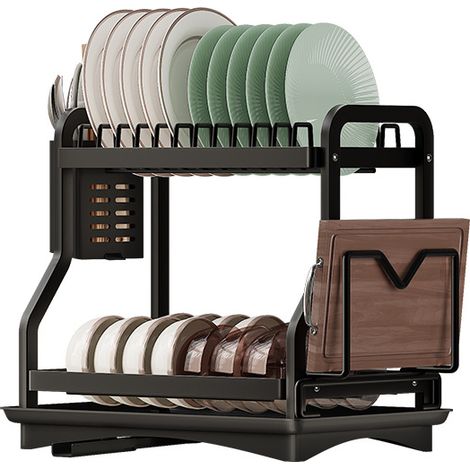 Égouttoir à couverts à 2 niveaux avec porte-planche à découper (noir)
