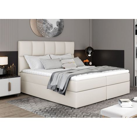 Lit boxspring simili cuir créme avec matelas et surmatelas Lizen-160x200 (1/5)