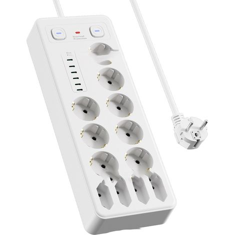 Multiprise européenne avec ports USB et USB-C, protection contre les surcharges, 18 prises, 1 port USB, 5 ports USB-C, câble de 1,8 m, blanche (1/5)