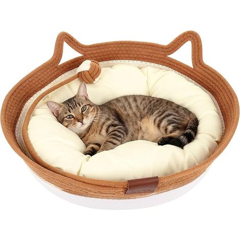 Panier pour Chat en Corde de Coton avec Coussin 46x46x16 cm Grand Lit Rond Lavable pour Chats avec Balle de Jeu en Corde de Coton (1/5)