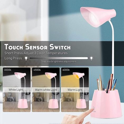 Lampe de bureau LED à intensité variable - 24 LED - 3 niveaux de luminosité doux pour les yeux - Rechargeable par USB - Interrupteur tactile - Lampe de bureau pour enfants - Lecture, études - Rose (1/4)