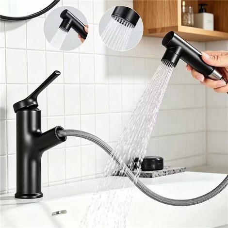 CECIPA MAX Waschtischarmatur mit ausziehbarer Brause 2 Strahlarten Einhebelmischer Wasserhahn Bad für Waschbecken und Waschschalen, Schwarz