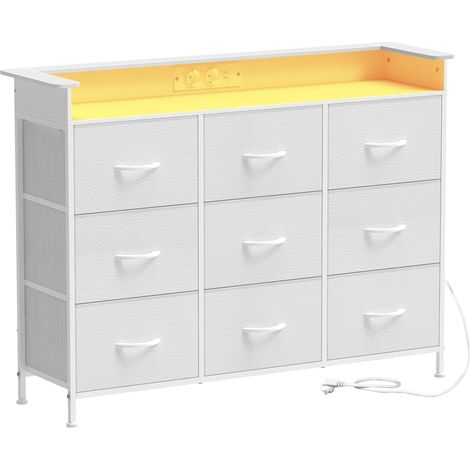 Commode avec 9 tiroirs et éclairage LED, commode de chambre avec bande de prises, commode en tissu avec tiroirs en tissu pour chambre, salon, couloir, cadre en métal, matériau en bois blanc (1/5)