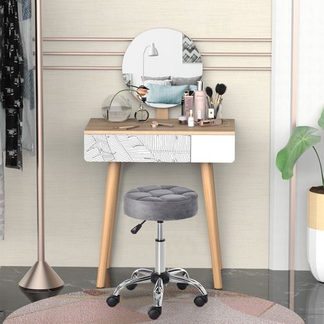 Poltrona da salone con ruote, sgabello girevole, regolabile in altezza, con base in schiuma effetto velluto, base cromata, grigio chiaro, 35 x 35 x 49-61 cm (1/5)