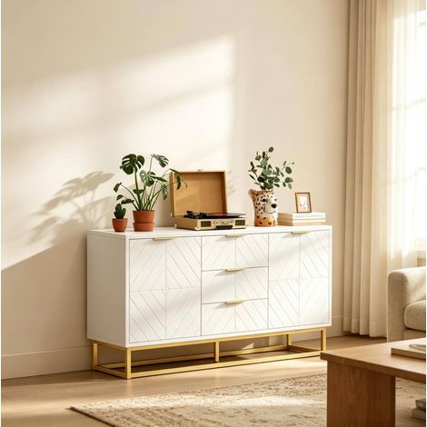 Credenza moderna 120 x 40 x 76 cm con 3 cassetti, 2 ante, MDF e metallo bianco e oro (1/5)