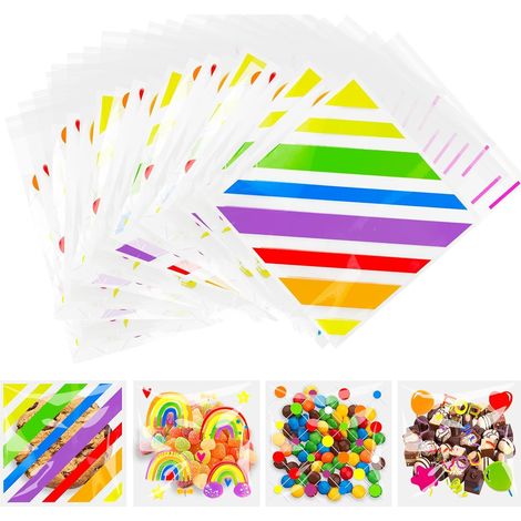 Lot de 200 Sachets Autocollants pour Biscuits 10x10 cm, Petit Sachet de Bonbons, 4 Modèles Mignons - Emballage Alimentaire pour DIY Cookies, Bonbons, Cadeaux - Écologiques et Résistants (1/5)
