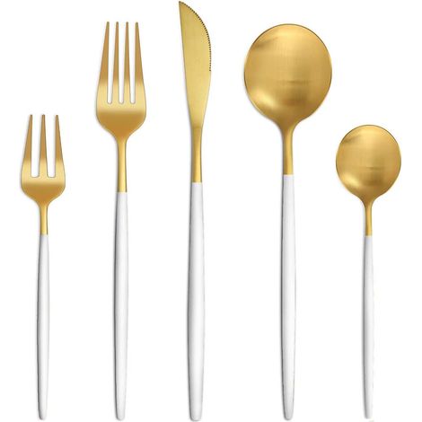 Set de 6 personnes, 30 pcs de couverts blanc or mat, Set de couverts avec couteau fourchette cuillère, couverts en acier inoxydable de haute qualité