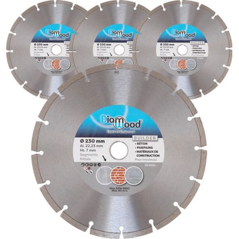 Diamwood – Lot de 3 disques diamant 230 mm – Alésage 22,23 mm – Segments 7 mm pour béton et parpaings – Coupe à sec ou à eau