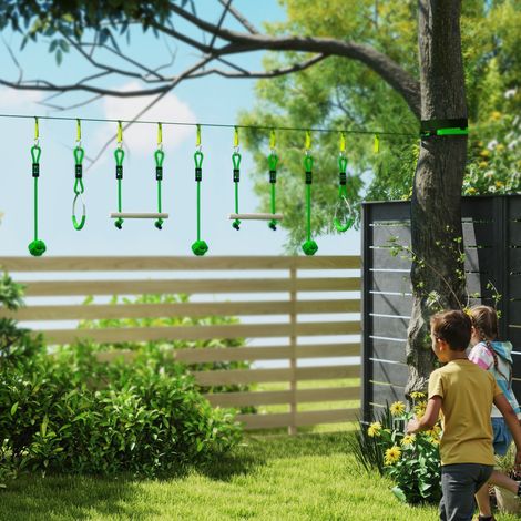 Parcours d'obstacles ninja pour enfants, tyrolienne de 10 m de long, kit complet, 7 pièces, capacité de charge de 50 kg, montage facile, respectueux de l'environnement (1/5)